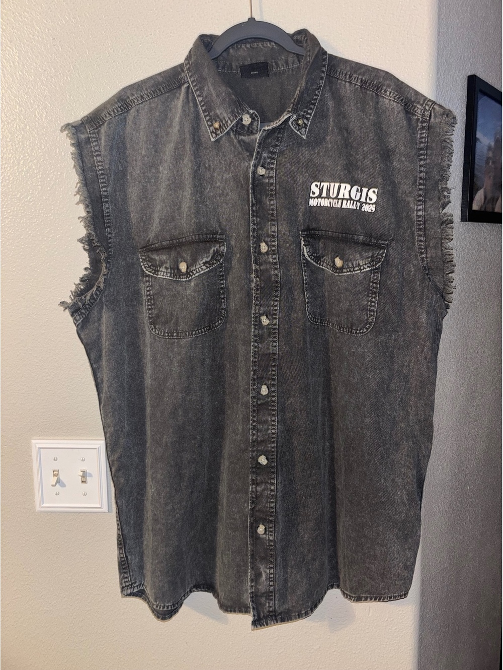 Vance Sturgis Motorcycle Rally 2025 Skull Sleeveless Denim Biker Shirt Mens 2XL